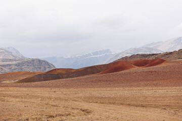 Gobi desert lifeless landscape mountains Altai Republic Russia, texture of red sandstone in Mars valley