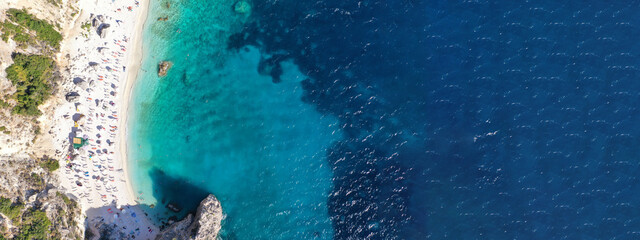 Aerial drone ultra wide panoramic photo of tropical Caribbean island bay with white sand beach and...