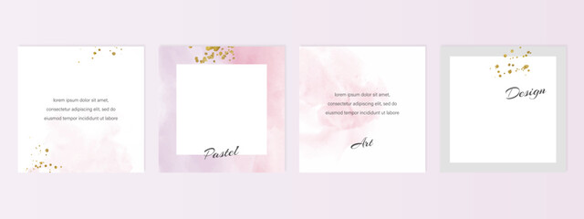 Watercolor social media post layouts in pastel  pink. Templates for  wedding, cosmetics, beauty, jewelry, makeup, skin care. 