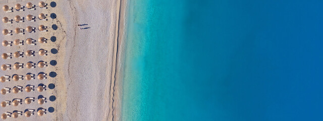 Aerial drone ultra wide panoramic top down photo of famous paradise bay and beach of Kathisma with deep turquoise sea in island of Lefkada, Ionian, Greece