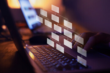 data structure, mindmap or organigram on virtual screen, hierarchy concept