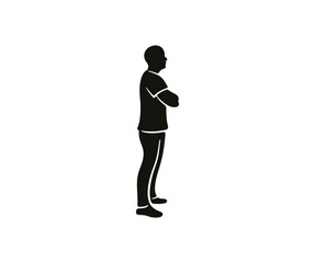 Fototapeta na wymiar Man standing in full growth with arms crossed, logo design. Silhouette of a man, a man thinks and looks ahead, vector design and illustration
