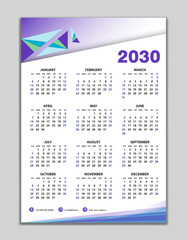 Wall calendar 2030 template, desk calendar 2030 design, Week start Sunday, business flyer, Set of 12 Months, Week starts Sunday, organizer, planner, printing media, calendar design purple background