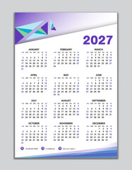 Wall calendar 2027 template, desk calendar 2027 design, Week start Sunday, business flyer, Set of 12 Months, Week starts Sunday, organizer, planner, printing media, calendar design purple background