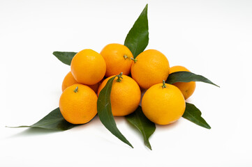 Tangerines with leaves on white.