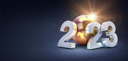 Happy New Year 2023 greeting card : silvery date numbers with a gold earth globe, shining on a black background - 3D illustration