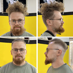 Collage man before and after visiting barbershop hairdresser styling