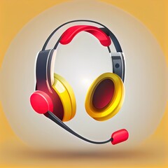 Headphones with microphone 3d icon. Yellow audio headset with red accents. Equipment for support operators and call centers. Stereo device for online communication. Realistic isolated 2d illustrated