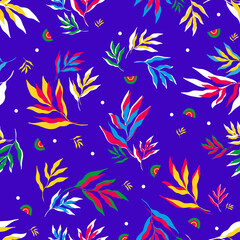Fototapeta na wymiar illustration of bright multicolored leaves of tropical plants forming seamless pattern on purple background