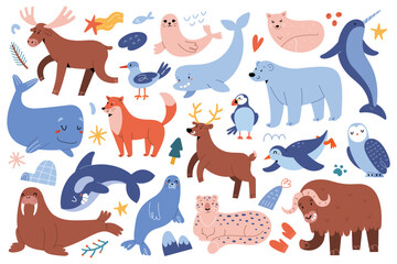 Northern animals, pole reindeer and moose, Antarctic and arctic mammals from Alaska, blue whale character, cute polar bear, snow leopard and baby harp seal, flat vector illustrations collection