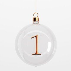 Glass festive christmas hanging baubles. With gold number 1. 3D Rendering