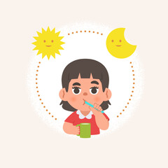 a Asian girl cleaning teeth with toothbrush by brushing teeth with circle and sun and moon, meaning is daily routine daytime and nighttime brushing teeth. illustration cartoon character vector design.