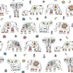 Indian elephant with ornament vector seamless pattern.