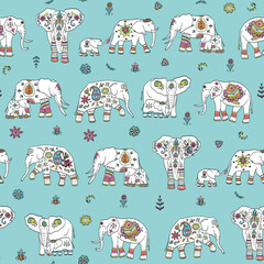 Indian elephant with ornament vector seamless pattern.