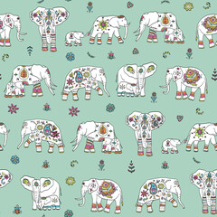 Indian elephant with ornament vector seamless pattern.