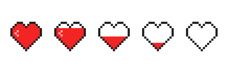 Pixel art heart icon set. Retro game life bar. Template design for web site, banner, nerds, gamers, IT developers. Vector illustration