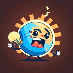 Old retro style cartoon earth globe turning off the lights. Eco energy saving concept 2d illustrated illustration. Simple vintage cartoon character for poster, web, cover, banner.