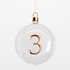 Glass festive christmas hanging baubles. With gold number 3. 3D Rendering