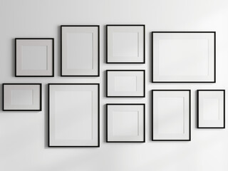 gallery wall mockup, black photo frame on white background, frame mockup, 3d render