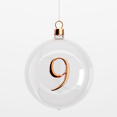 Glass festive christmas hanging baubles. With gold number 9. 3D Rendering
