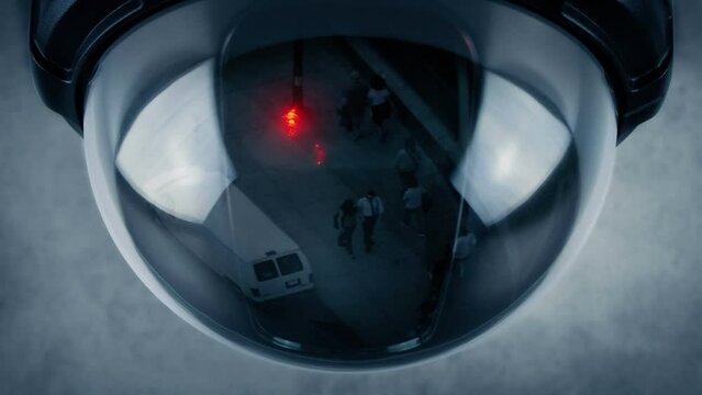 People On City Street Reflected In CCTV Camera
