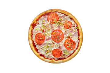 Pizza with mozzarella cheese, brisket, ham and onion isolated on white background. Top view
