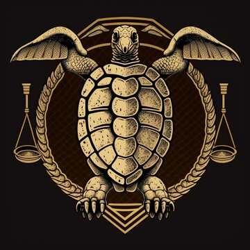 Symbol of the slow pace of justice. Turtle and scales of justice. Generative AI