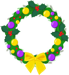 Christmas Wreath Decorated with Balls, Holly and Bow