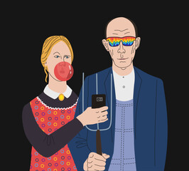 Painting American Gothic in Vector. painting reproduction. Man and woman together. Take a selfie. drawn in vector. Print for clothes. Creative print on a T-shirt. Blow bubble gum. Multicolored glasses