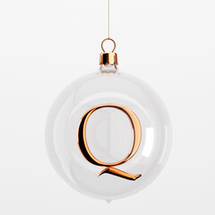 Glass festive christmas hanging baubles. With gold letter Q. 3D Rendering