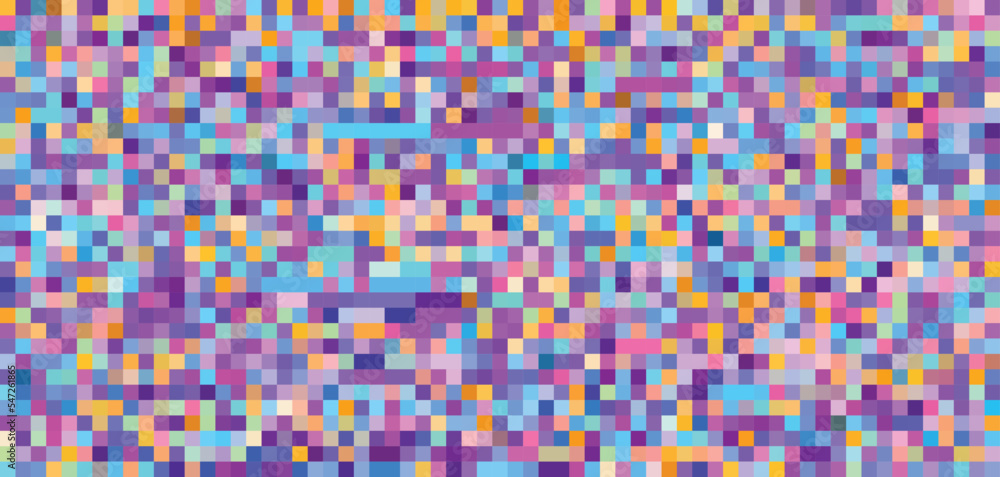 Poster multicolored pixel mosaic by violet, orange and blue. tessellated pattern. cmyk colors