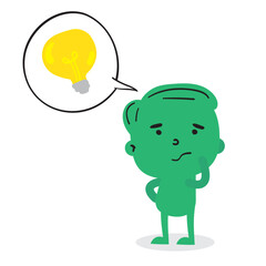 Dibujo garabato en vectores de personajes divertidos estilo caricatura con globo de pensamiento y bombilla de idea y duda para infografía.