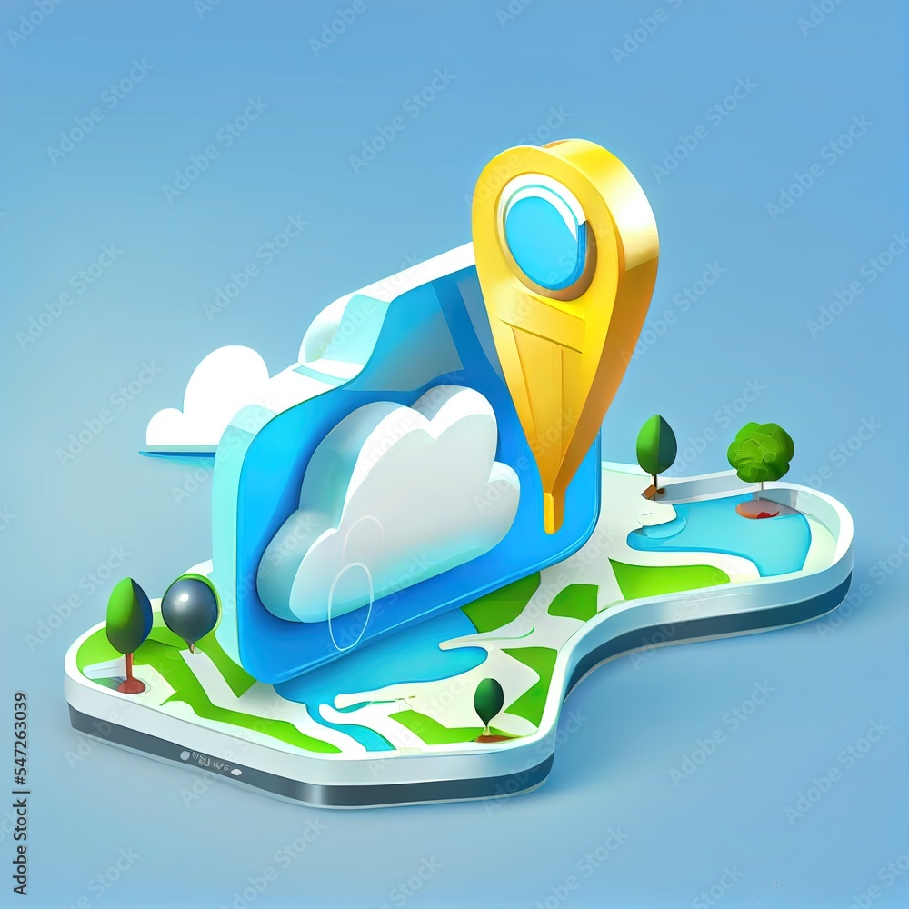 Poster 3d suitcase and location point marker of map or navigation pin icon on cloud. 3d navigation for trav
