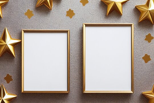 Christmas frame mockup with golden ribbon and stars