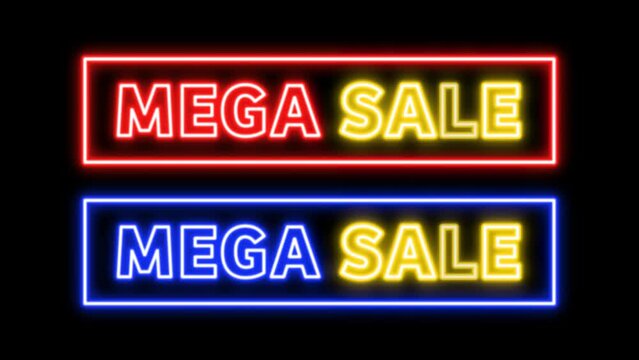 Mega sale neon sign animation with alpha transparent background. 