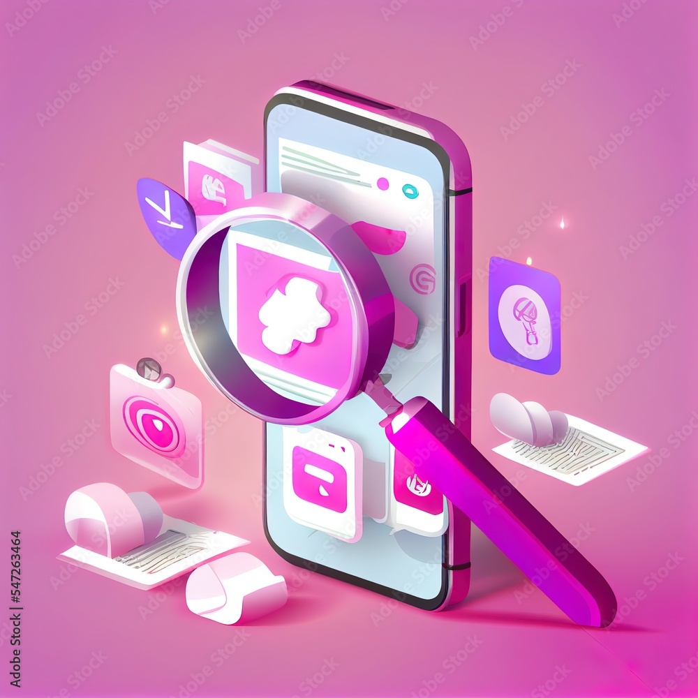 Poster 3d 2d illustrated hand holding mobile phone with social icon on pink background, searching image and