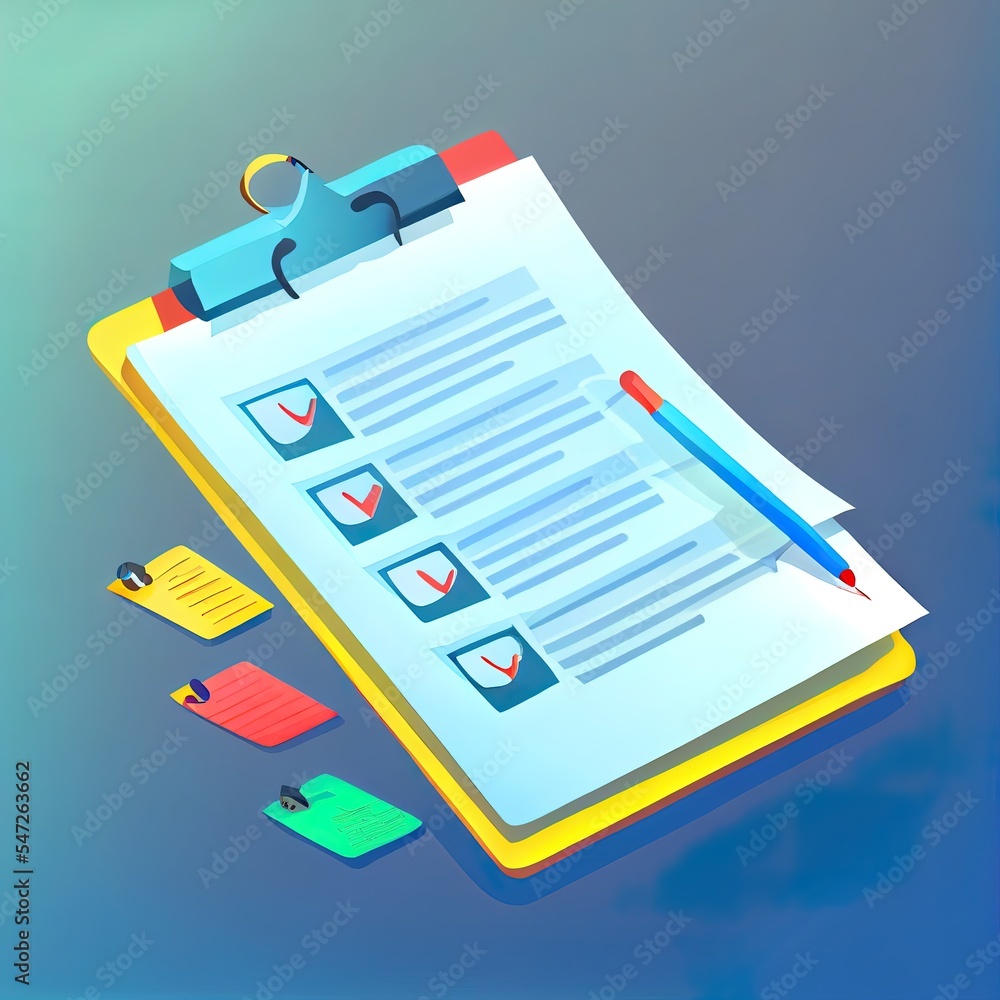 Poster checklist on a clipboard paper. successful completion of business tasks. 3d web 2d illustrated illus