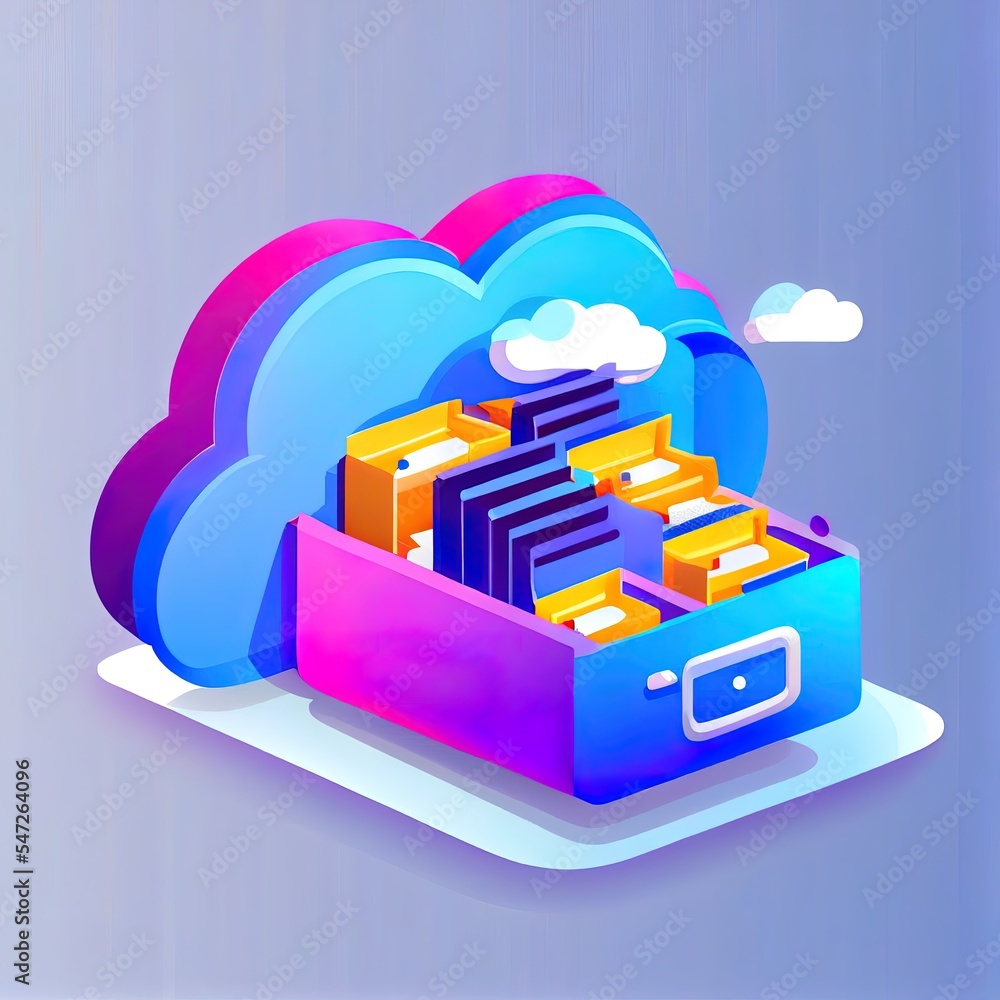 Poster cloud storage icon. digital file organization service or app with data transfering. 3d web 2d illust