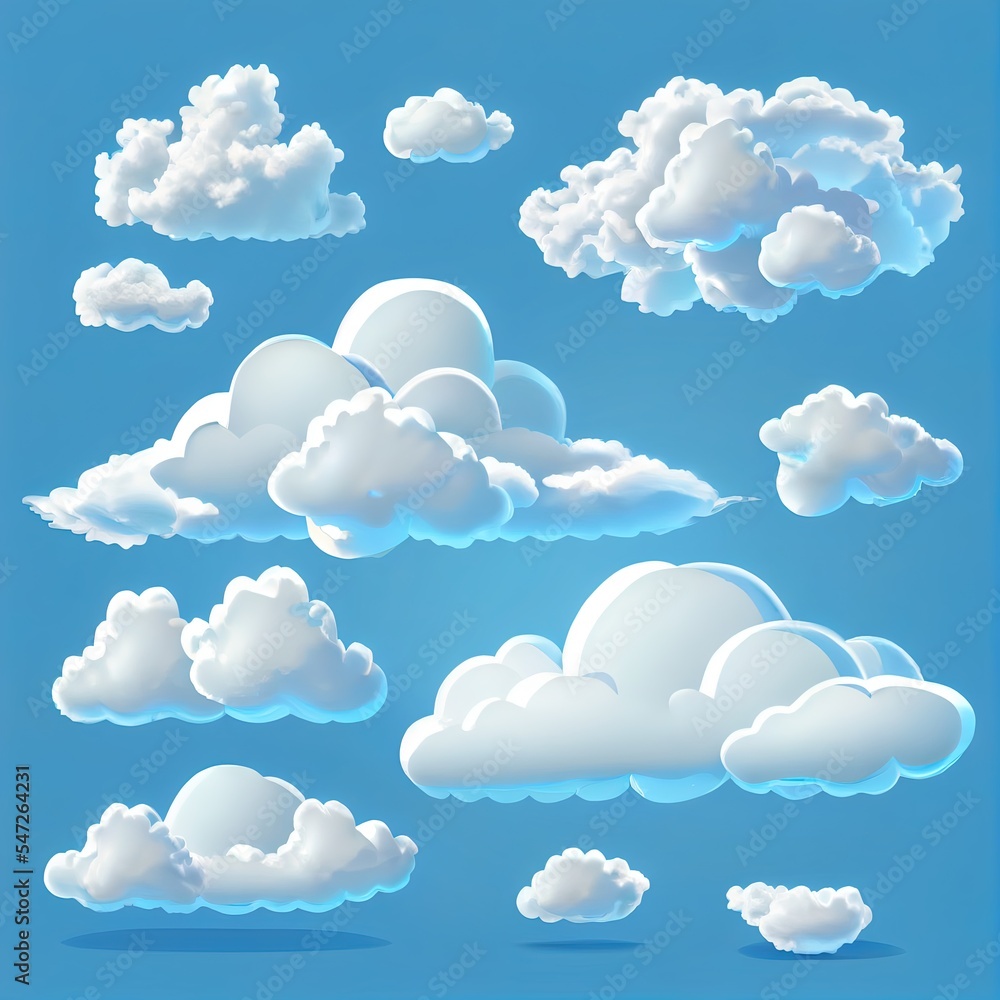 Poster clouds 2d illustrated set. 3d realistic render objects