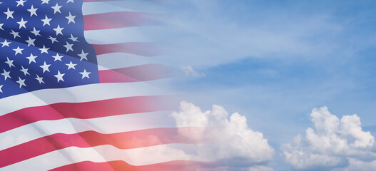 United States of America flag on blue sky background. Independence day, Memorial day, Veterans day. Banner. - Powered by Adobe