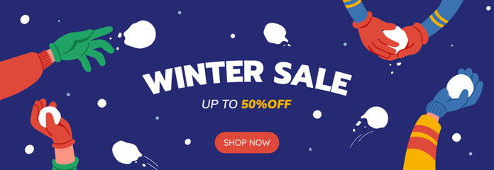 Winter Sale banner design in cartoon style. Winter background with falling snow and snowball fight. Ideal for header, website, promo. Vector illustration.