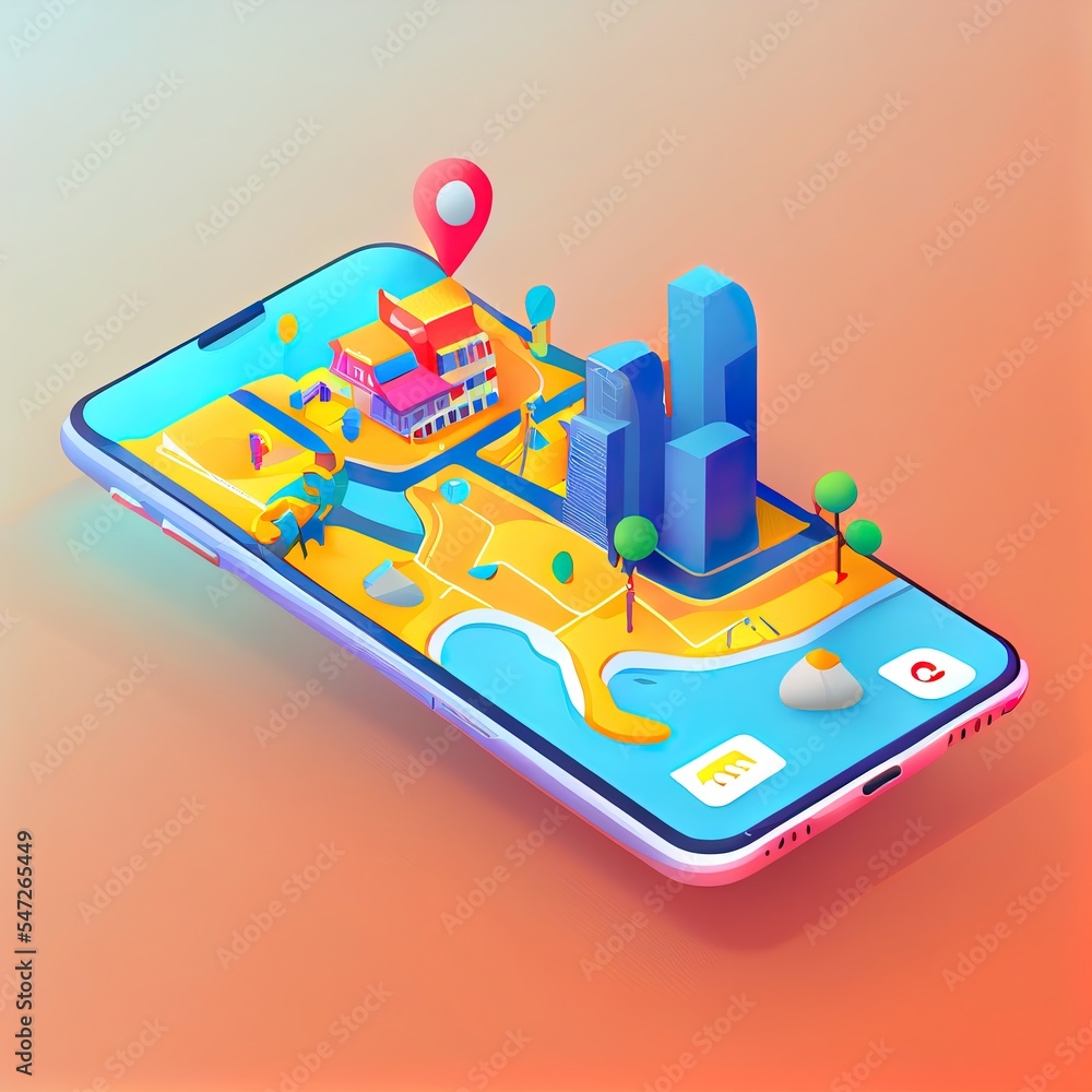 Poster 3d cartoon style minimal city map navigation smartphone icon. mobile app interface, geolocation, con