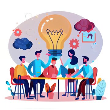 Brainstorm, idea discussion concept. Business team finding solution, thinking, sharing offers, lightbulbs. Creativity, creation process. Flat graphic 2d illustrated illustration isolated on white