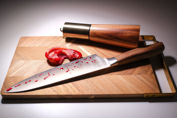 a bloody knife with a severed ear on a cutting board