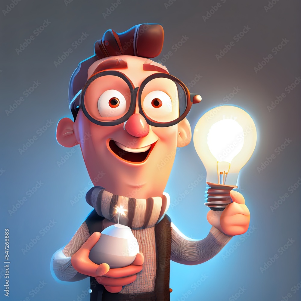 Poster idea and innovation technology concept. nerd larry with lightbulb. 3d illustration.