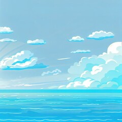 Obraz na płótnie Canvas Sky and sun at sea background, ocean and beach 2d illustrated island scenery empty flat cartoon. Ocean or sea water with waves and clouds in sky, summer blue seascape with cloudy sky and seaside