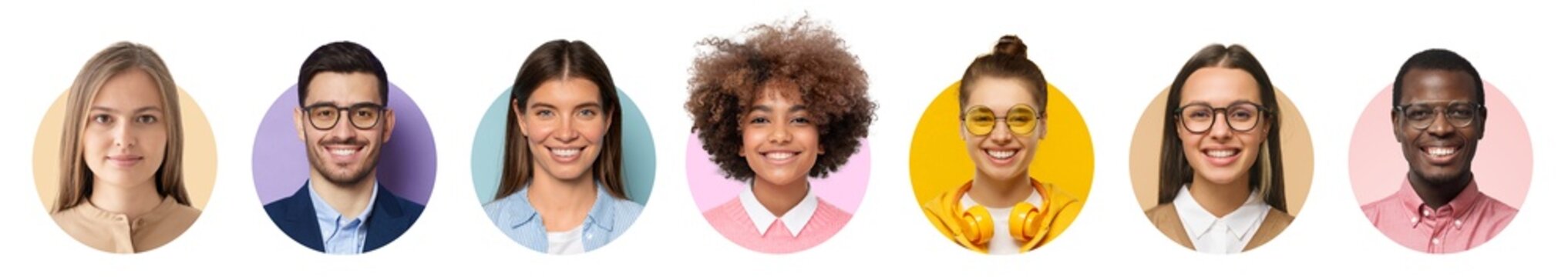 Collage of portrait and face of group of smiling young diverse people for profile picture