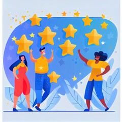 Fototapeta premium Characters with Huge Rate Stars, Consumer and User Review, Rating Concept with Smiling People Holding Golden Stars as Rating Result, Clients Feedback, Good Experience. Cartoon 2d illustrated