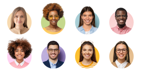 Collage of portraits and faces of group of young diverse people for userpic and profile picture