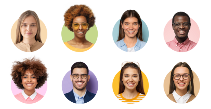 Collage of portraits and faces of group of young diverse people for userpic and profile picture